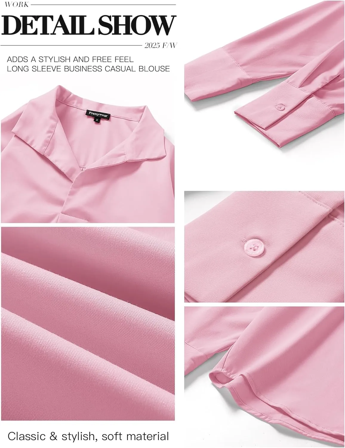Prettywear Womens Long Sleeve Work Shirts Lapel V Neck Business Casual Blouse Solid Loose Office 2025 Spring Dressy Top