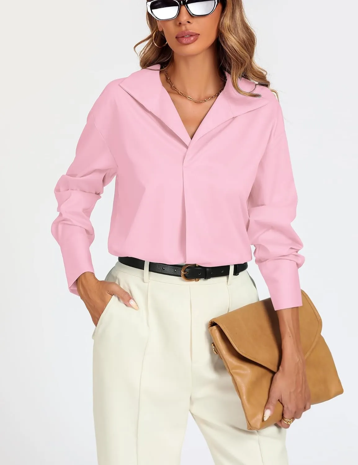Prettywear Womens Long Sleeve Work Shirts Lapel V Neck Business Casual Blouse Solid Loose Office 2025 Spring Dressy Top