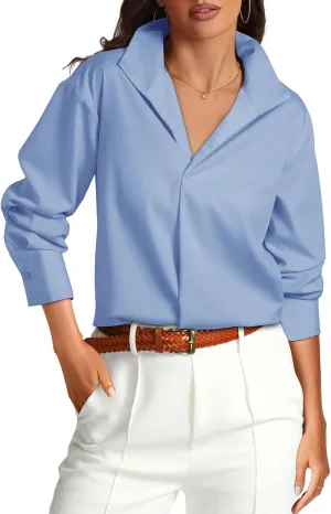 Prettywear Womens Long Sleeve Work Shirts Lapel V Neck Business Casual Blouse Solid Loose Office 2025 Spring Dressy Top