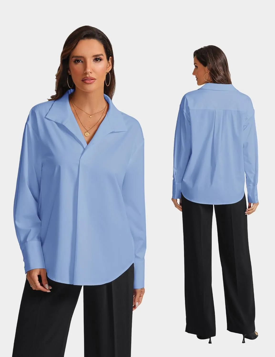 Prettywear Womens Long Sleeve Work Shirts Lapel V Neck Business Casual Blouse Solid Loose Office 2025 Spring Dressy Top