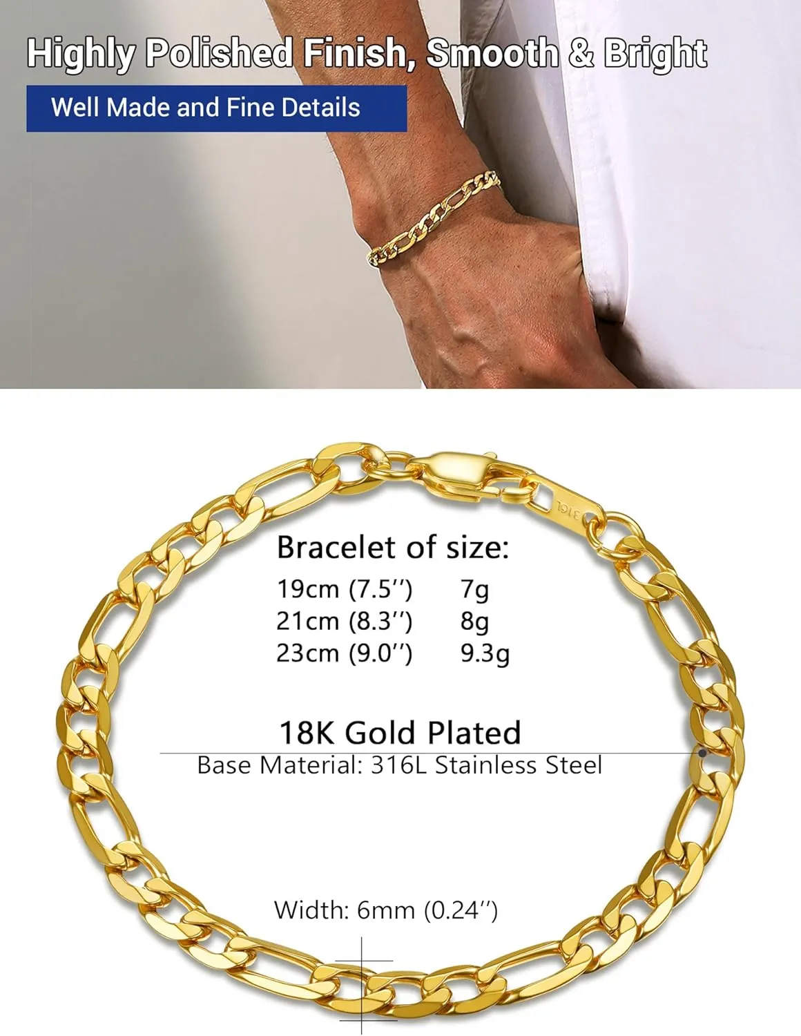 PROSTEEL 316L Stainless Steel Bracelet For Men, Stylish Figaro Chain, W:6mm-13mm, L:7.5"/8.3"/9", Hypoallergenic Jewelry, Black/Gold/Silver Tone, Come with Box