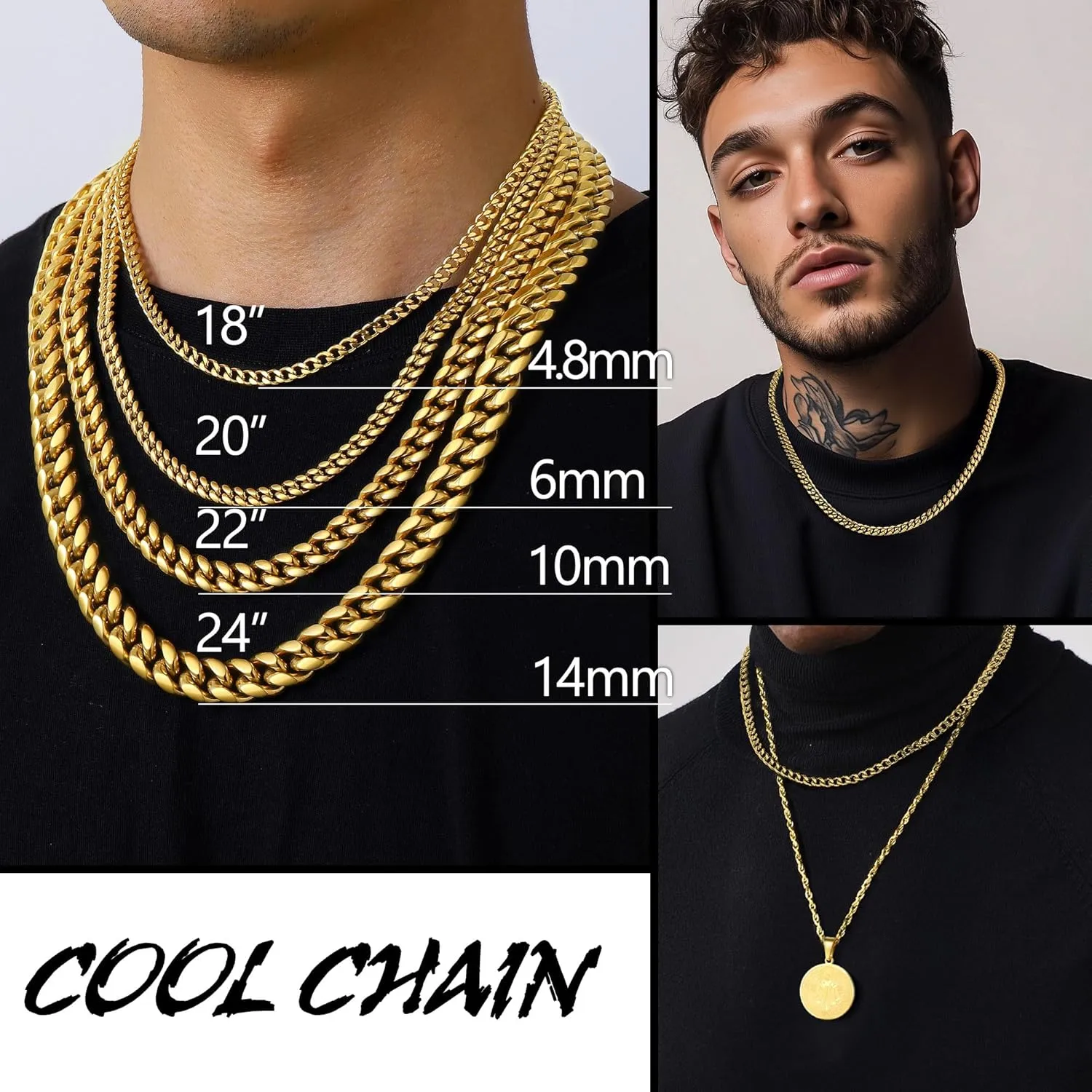 PROSTEEL Trendy Cuban Link Chain Necklace for Men, Black/18K Gold Plated 316L Stainless Steel, W: 4.8mm-14mm, L: 14inch-30inch, Come with Box