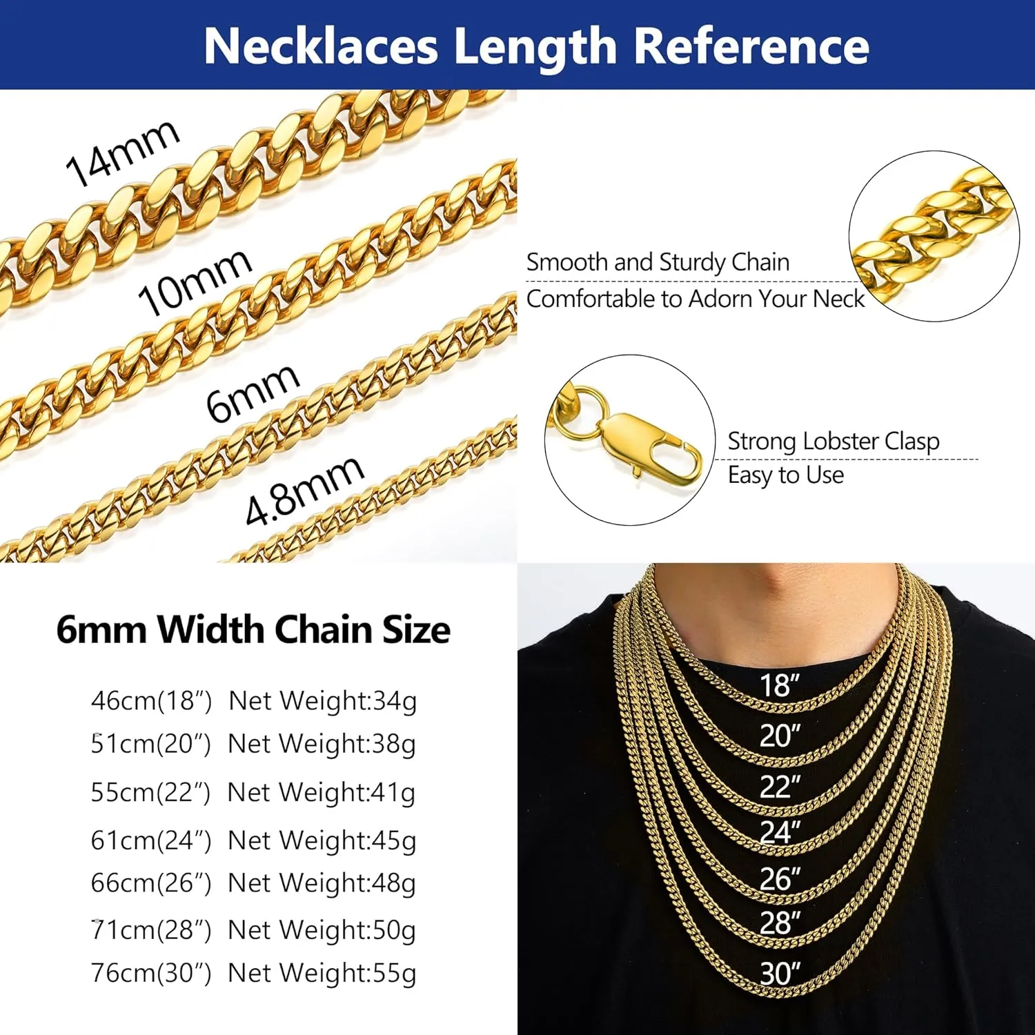 PROSTEEL Trendy Cuban Link Chain Necklace for Men, Black/18K Gold Plated 316L Stainless Steel, W: 4.8mm-14mm, L: 14inch-30inch, Come with Box