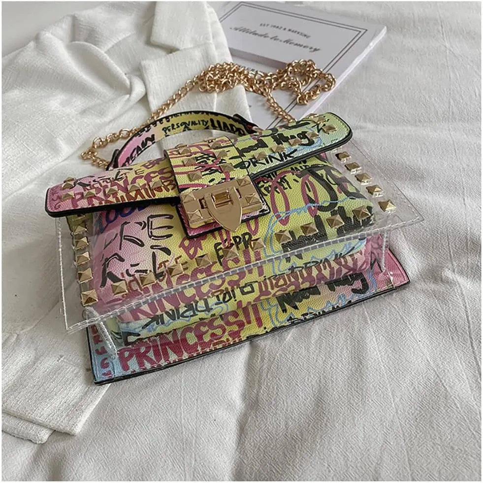 PU Leather Graffiti Shoulder Crossbody Rivet Square Snake-shaped Pattern Chain Bag