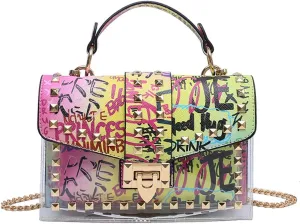 PU Leather Graffiti Shoulder Crossbody Rivet Square Snake-shaped Pattern Chain Bag