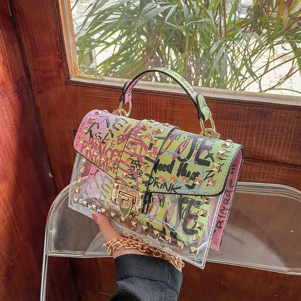 PU Leather Graffiti Shoulder Crossbody Rivet Square Snake-shaped Pattern Chain Bag