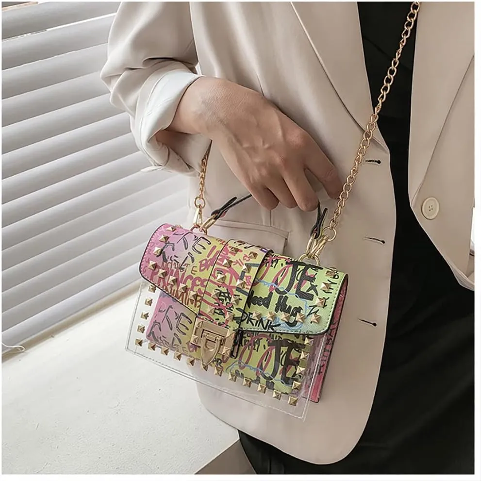 PU Leather Graffiti Shoulder Crossbody Rivet Square Snake-shaped Pattern Chain Bag