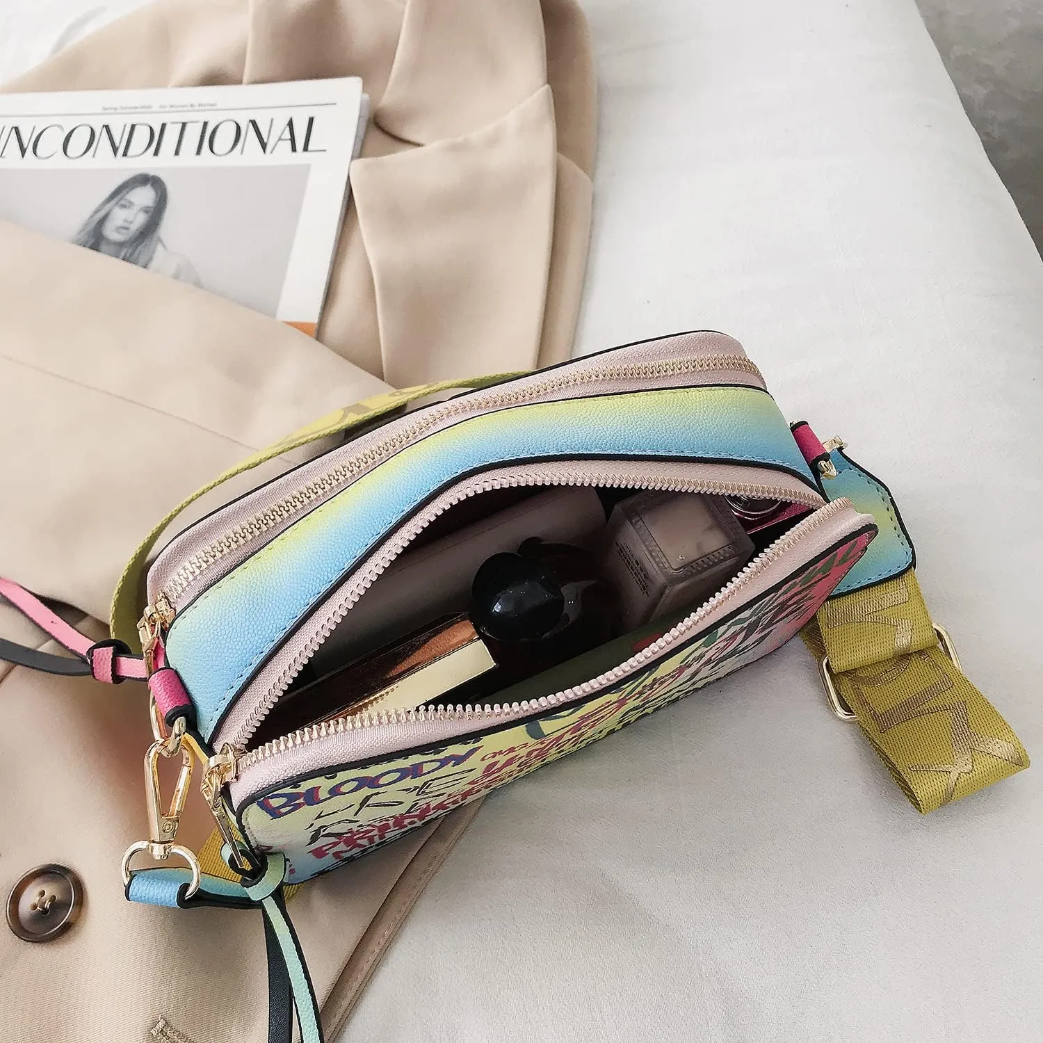 PU Leather Graffiti Square Bag, Large-capacity Tassel Bag, Shoulder Messenger Bag, Double Zipper Adjustable Wallet