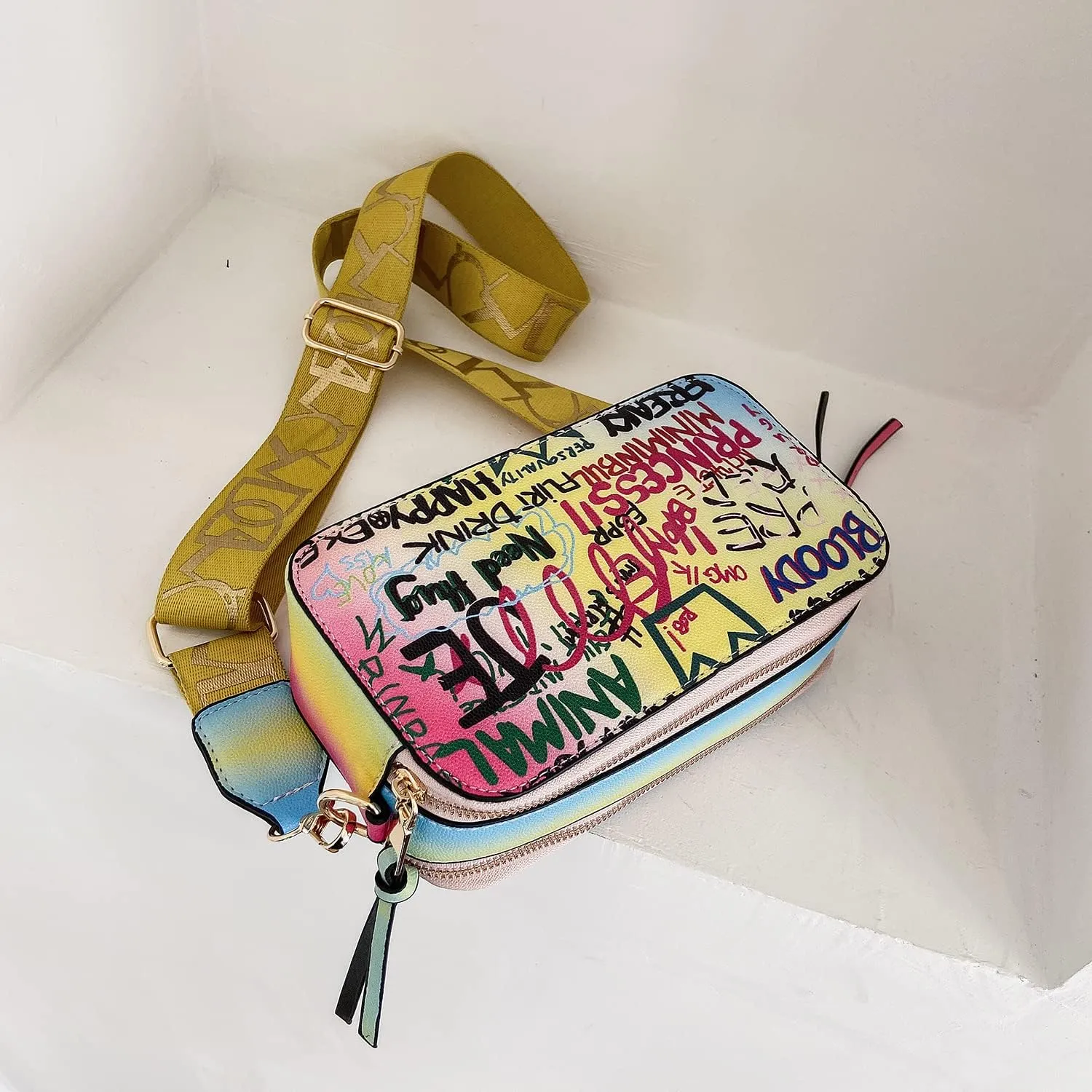 PU Leather Graffiti Square Bag, Large-capacity Tassel Bag, Shoulder Messenger Bag, Double Zipper Adjustable Wallet