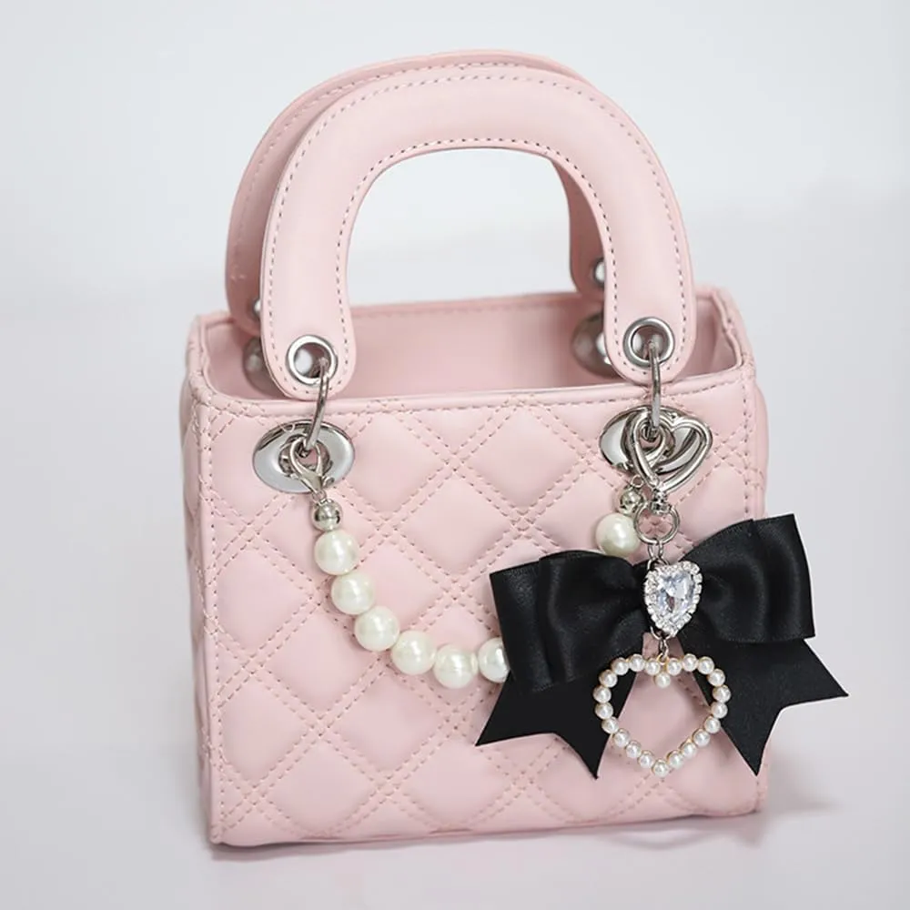 PU Leather Handbag Purse Shoulder Bag Stylish Crossbody Bag Small Tote Purse with Bow Pearl Chain for Women