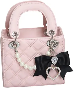 PU Leather Handbag Purse Shoulder Bag Stylish Crossbody Bag Small Tote Purse with Bow Pearl Chain for Women