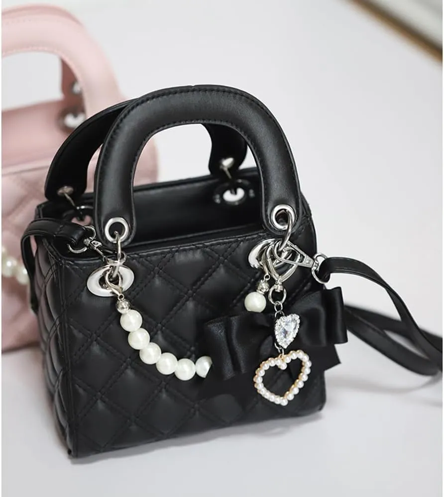 PU Leather Handbag Purse Shoulder Bag Stylish Crossbody Bag Small Tote Purse with Bow Pearl Chain for Women