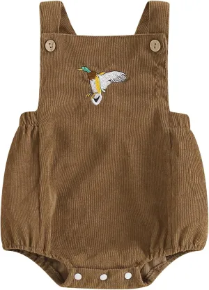 Pudcoco Infant Baby Boys Girls Overalls Sleeveless Mallard Duck Embroidery Corduroy Rompers Newborn Summer Outfit