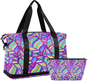 Purple Psychedelic Mystery Large Gym Bag Overnight Bag with Toiletry Bag for Airplane Traveling 2 Pcs Set