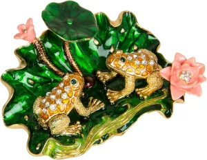 QIFU Hand Painted Enameled Frog with Lotus Decorative Hinged Jewelry Trinket Box Unique Gift for Home Decor