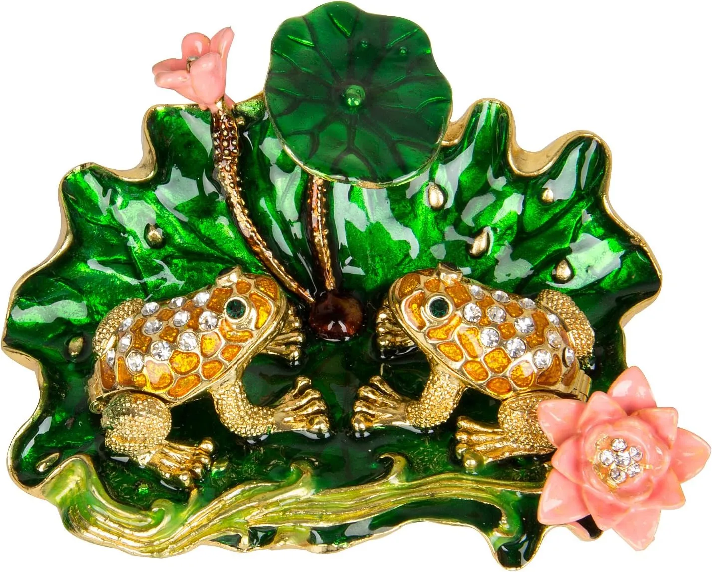 QIFU Hand Painted Enameled Frog with Lotus Decorative Hinged Jewelry Trinket Box Unique Gift for Home Decor