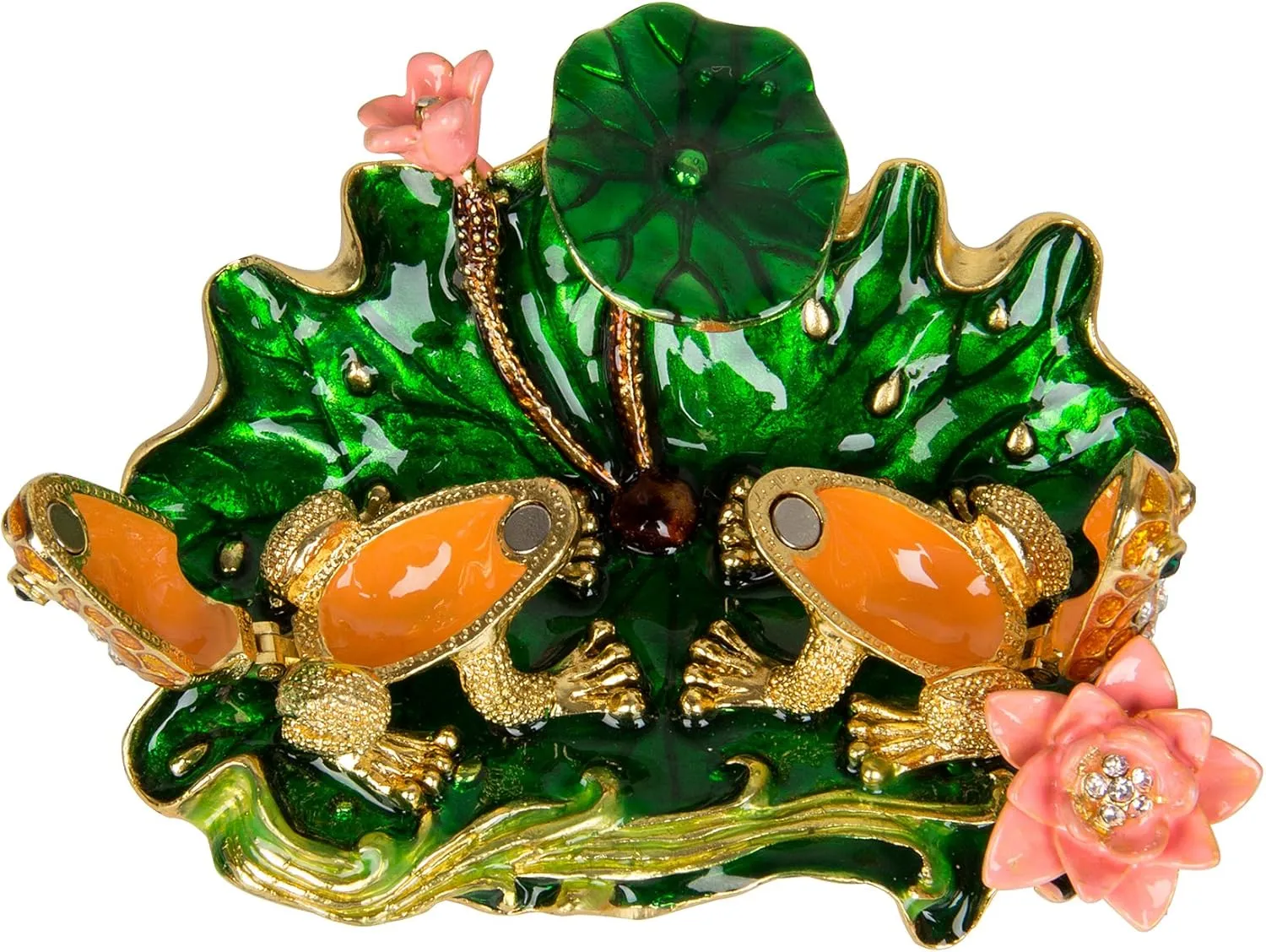 QIFU Hand Painted Enameled Frog with Lotus Decorative Hinged Jewelry Trinket Box Unique Gift for Home Decor