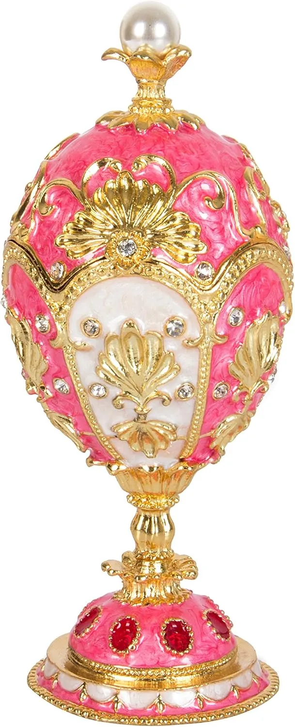 QIFU Hand Painted Enameled Pink Easter Egg Decorative Hinged Jewelry Trinket Box Unique Gift for Home Decor