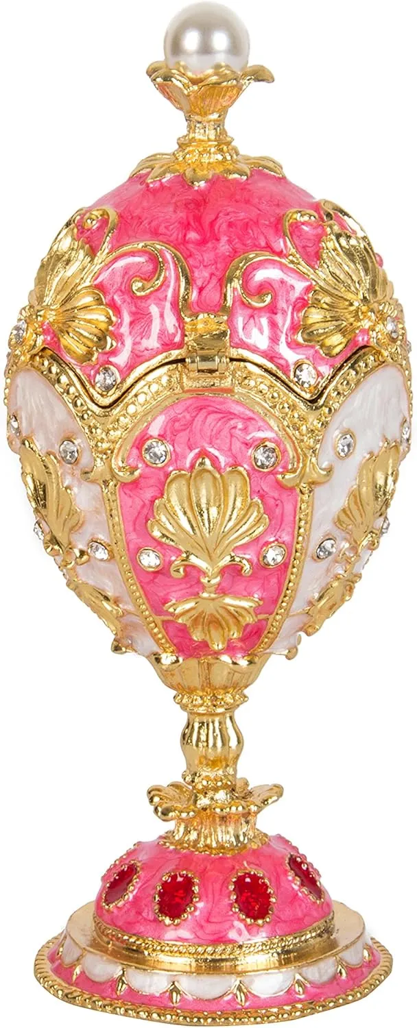 QIFU Hand Painted Enameled Pink Easter Egg Decorative Hinged Jewelry Trinket Box Unique Gift for Home Decor