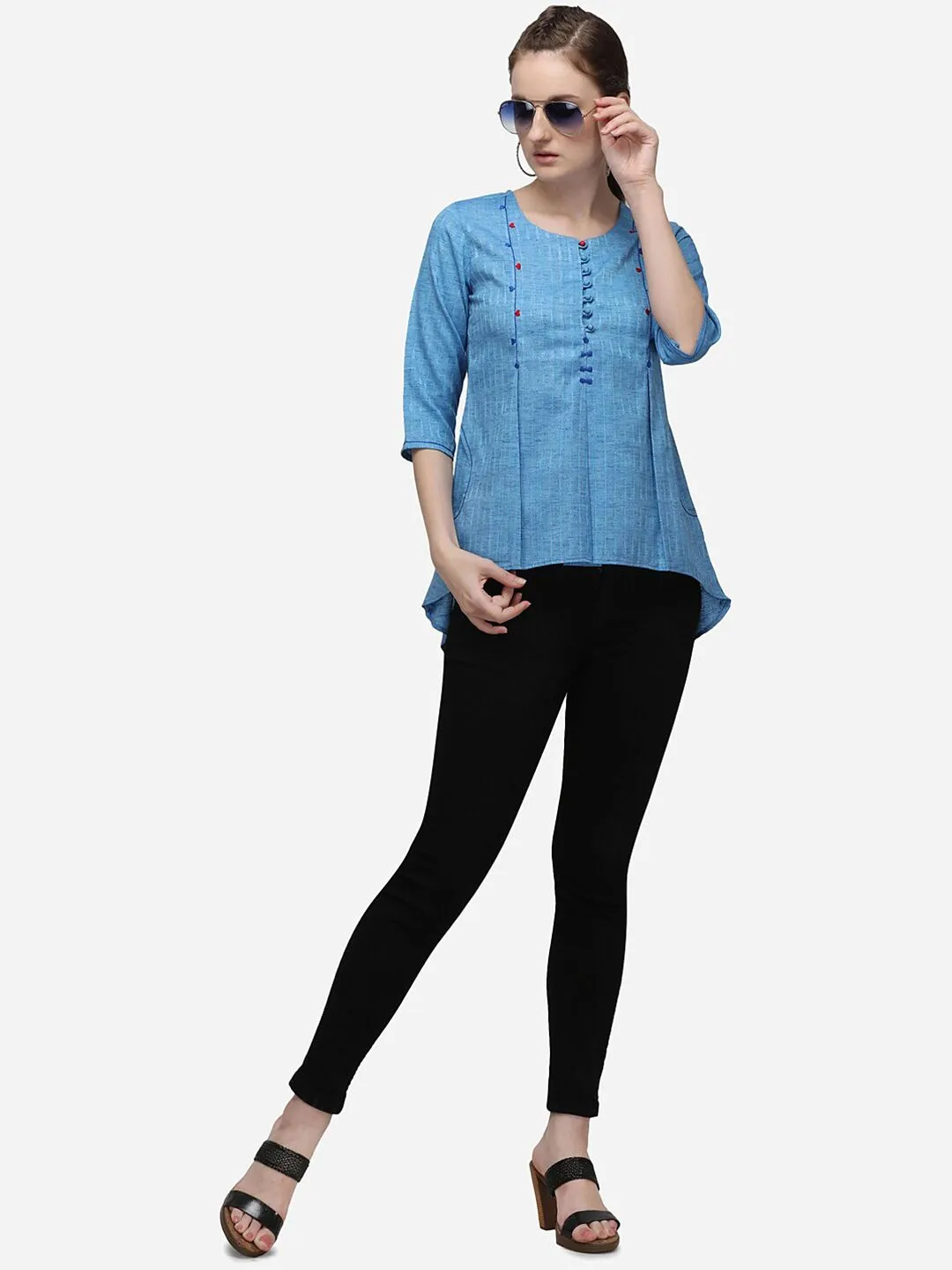 Raisin Blue & Red Embroidered High-Low Tunic