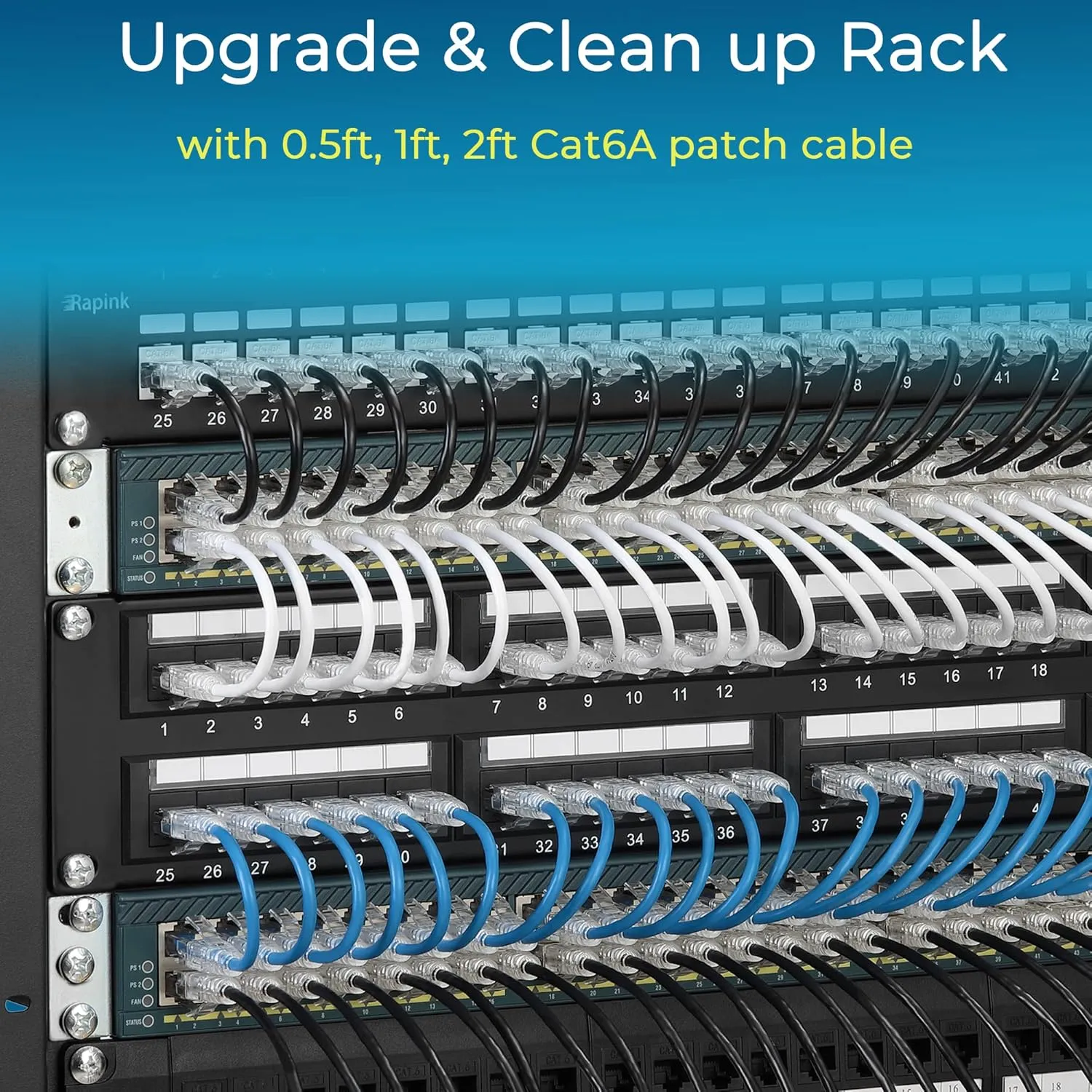 Rapink Patch Cables Cat6/ Cat6a 1ft (24 Pack) Slim, Cat6a Ethernet Patch Cable 10G Support, Snagless Cat 6 Patch Cable for Patch Panel to Switch, Flexiable Cat6 Ethernet Cable White