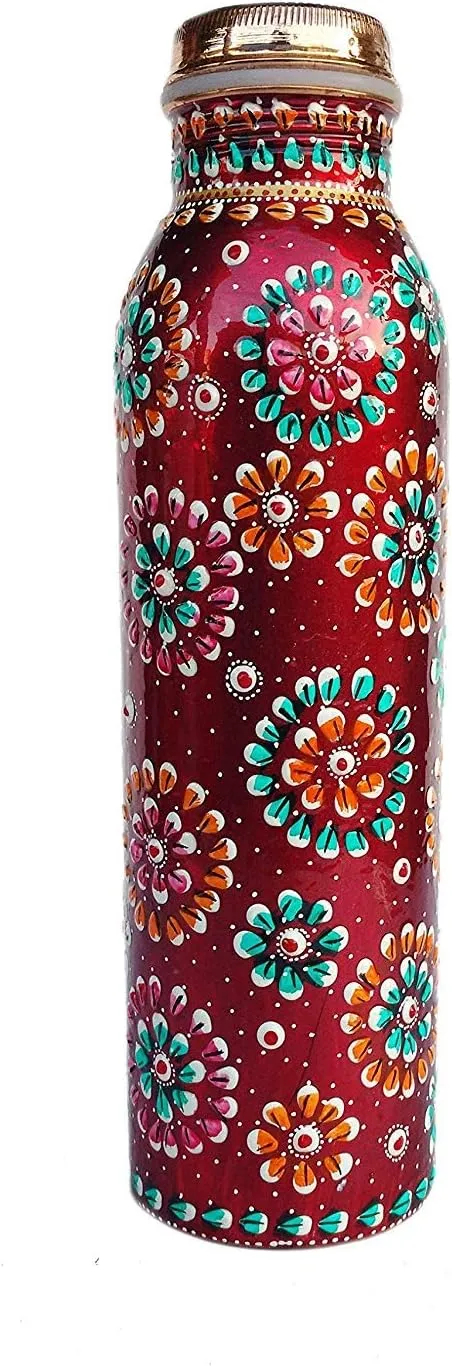 Rastogi Handicrafts Copper Bottle Hand painted Red color capacity -950 ml/33 oz for water storage