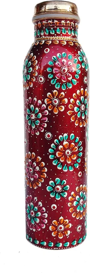 Rastogi Handicrafts Copper Bottle Hand painted Red color capacity -950 ml/33 oz for water storage