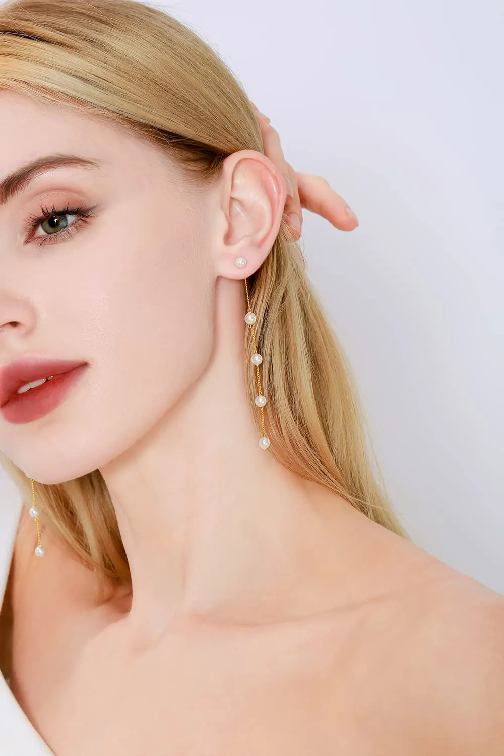 Real Freshwater Round Pearl Drop Bride Earrings 5mm AAAA  Handpicked Genuine Pearl, 925 Sterling Silver Dangle Handmade Long Tassel Wedding Bridal Earrings for Women, Bridesmaid Gift