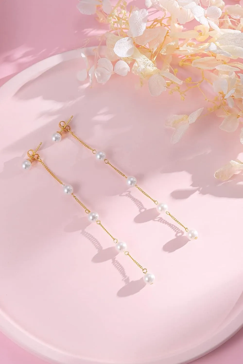 Real Freshwater Round Pearl Drop Bride Earrings 5mm AAAA  Handpicked Genuine Pearl, 925 Sterling Silver Dangle Handmade Long Tassel Wedding Bridal Earrings for Women, Bridesmaid Gift