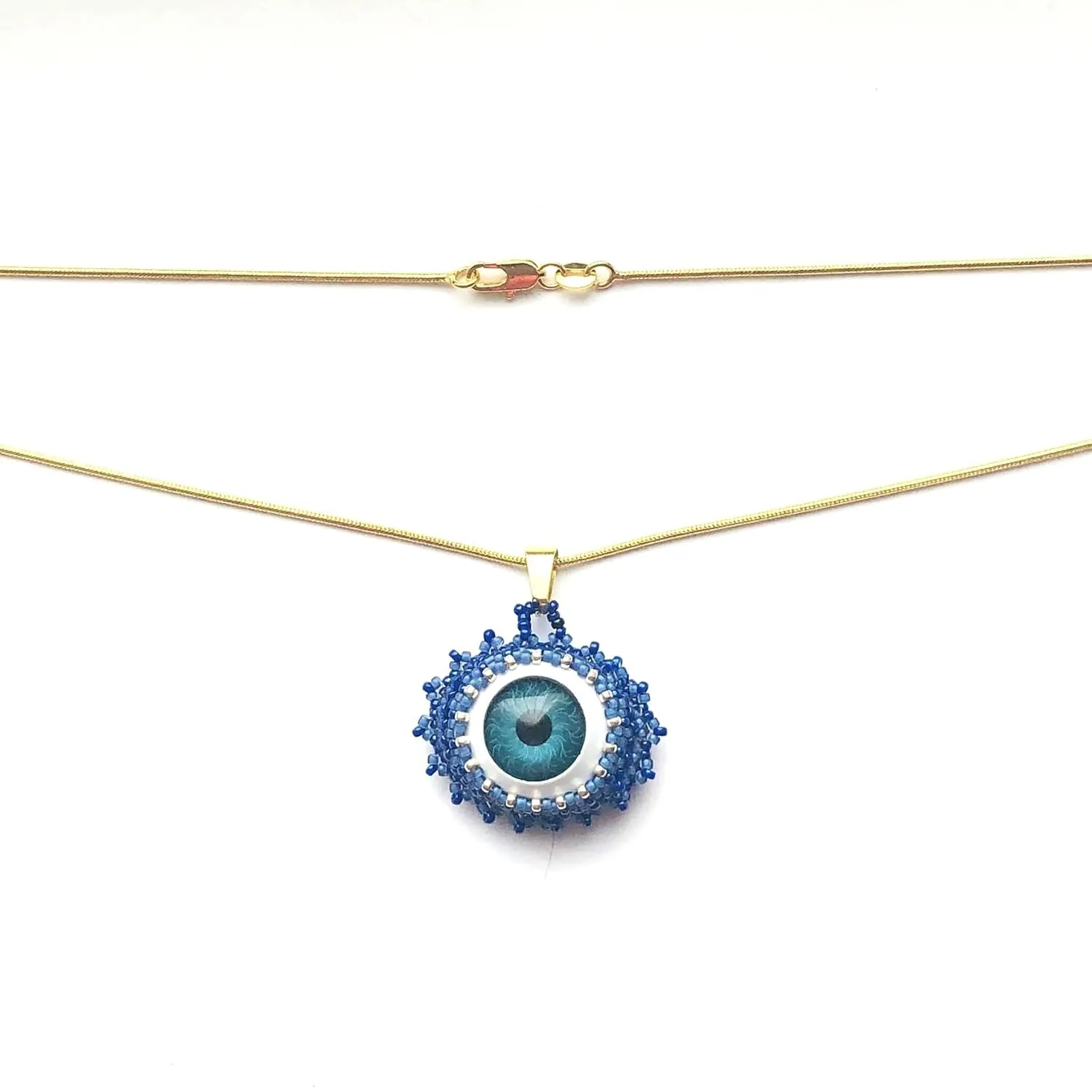 Realistic Blue Eye Beadwoven Necklace Nature Statement Embroidered Pendant Gold Fillled Snake Chain
