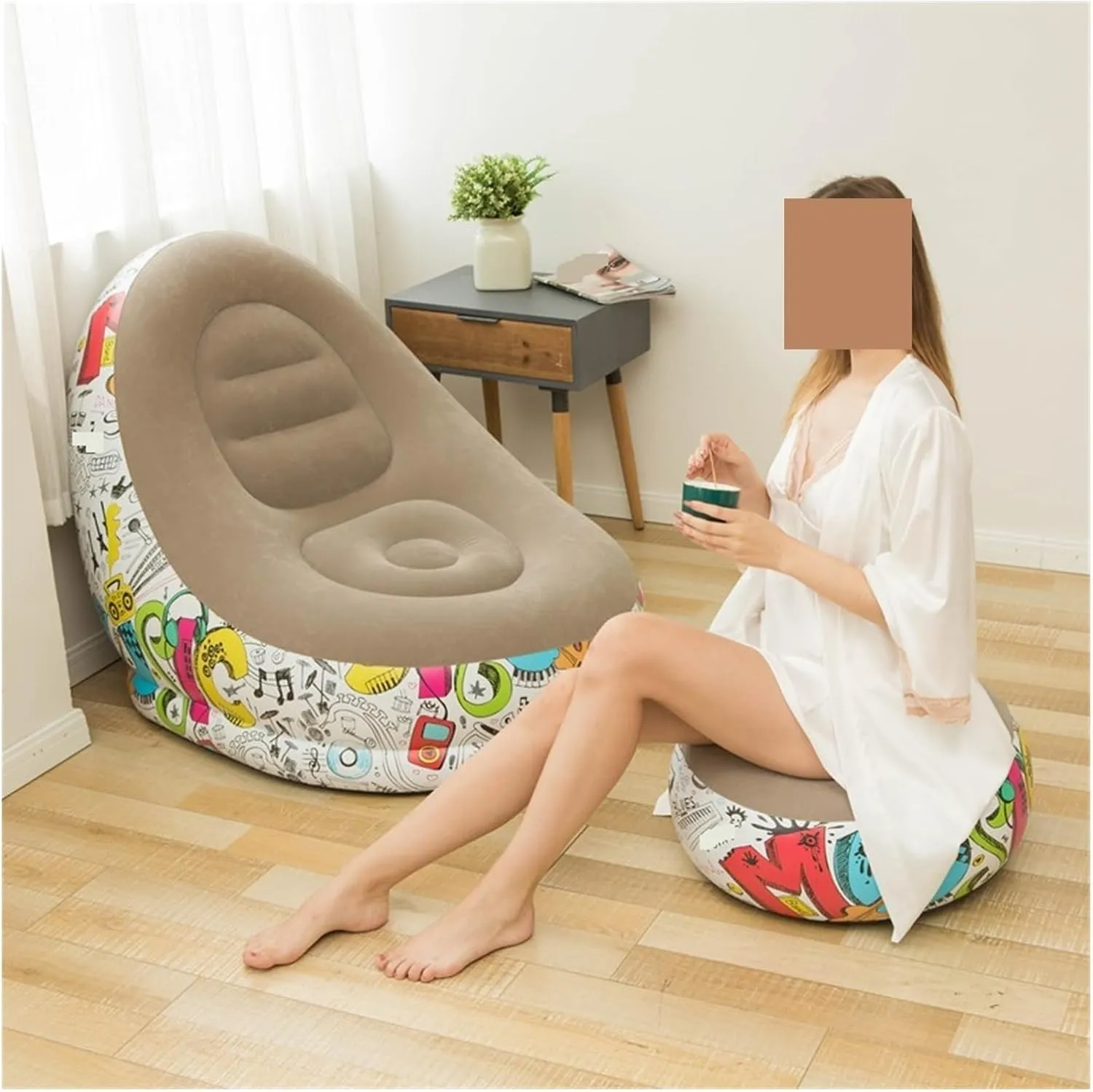 Recliner Inflatable Foldable Lounge Outdoor Graffiti Comfortable Combination of Pedals Flocked Sofa Chair Drop Portable (Color : Yellow 108x85x80cm)