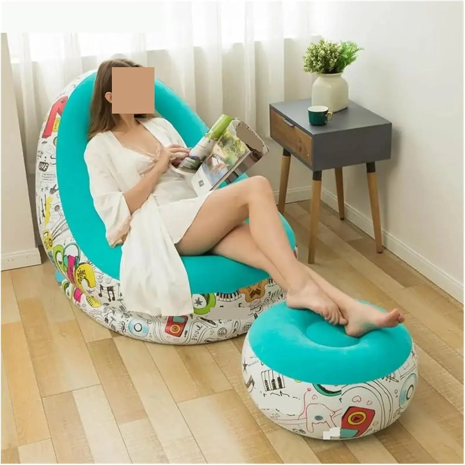 Recliner Inflatable Foldable Lounge Outdoor Graffiti Comfortable Combination of Pedals Flocked Sofa Chair Drop Portable (Color : Yellow 108x85x80cm)