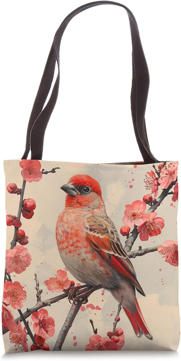 Red Crossbill Paint Van Gogh Style Cherry Blossom Tote Bag
