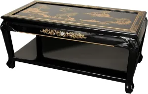 Red Lantern Artisan Crafted Lacquer Coffee Table - Black with Hand Painted Village Landscape
