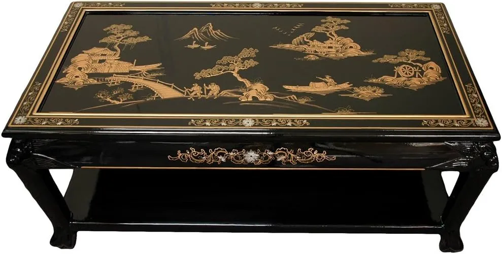 Red Lantern Artisan Crafted Lacquer Coffee Table - Black with Hand Painted Village Landscape