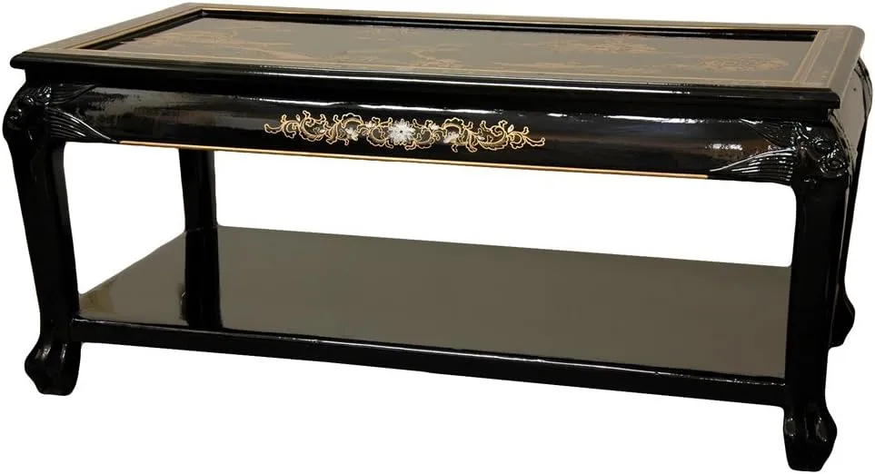 Red Lantern Artisan Crafted Lacquer Coffee Table - Black with Hand Painted Village Landscape