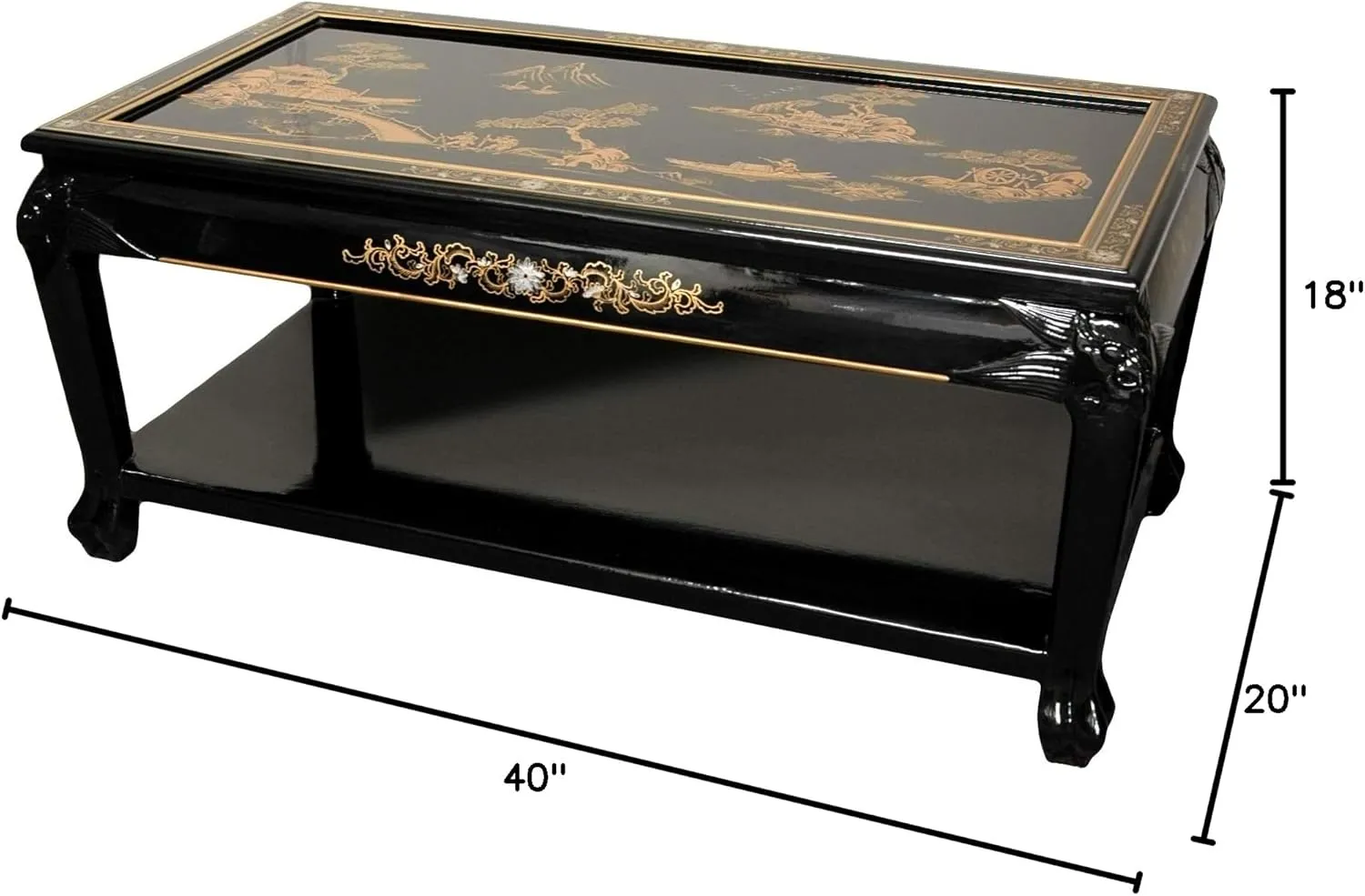 Red Lantern Artisan Crafted Lacquer Coffee Table - Black with Hand Painted Village Landscape