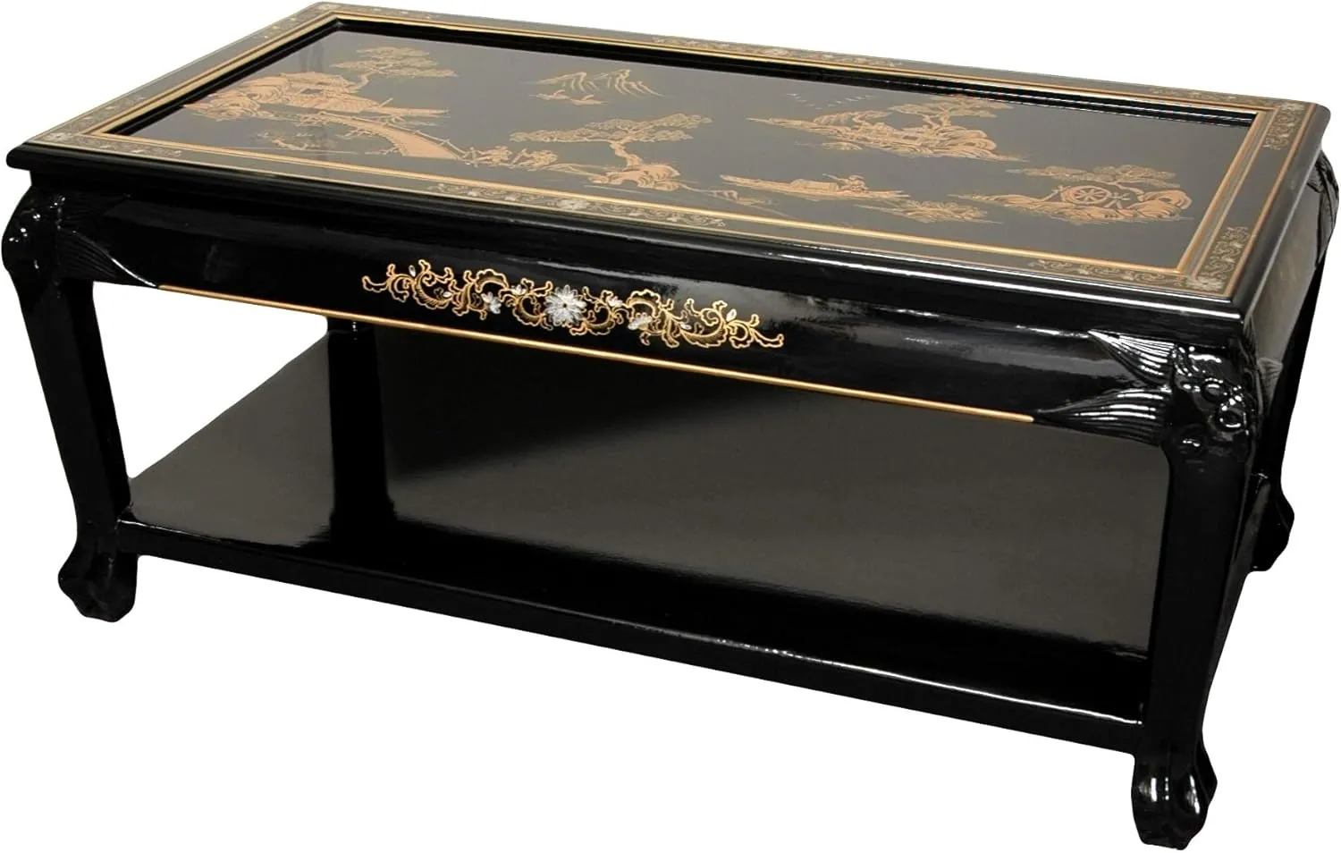Red Lantern Artisan Crafted Lacquer Coffee Table - Black with Hand Painted Village Landscape