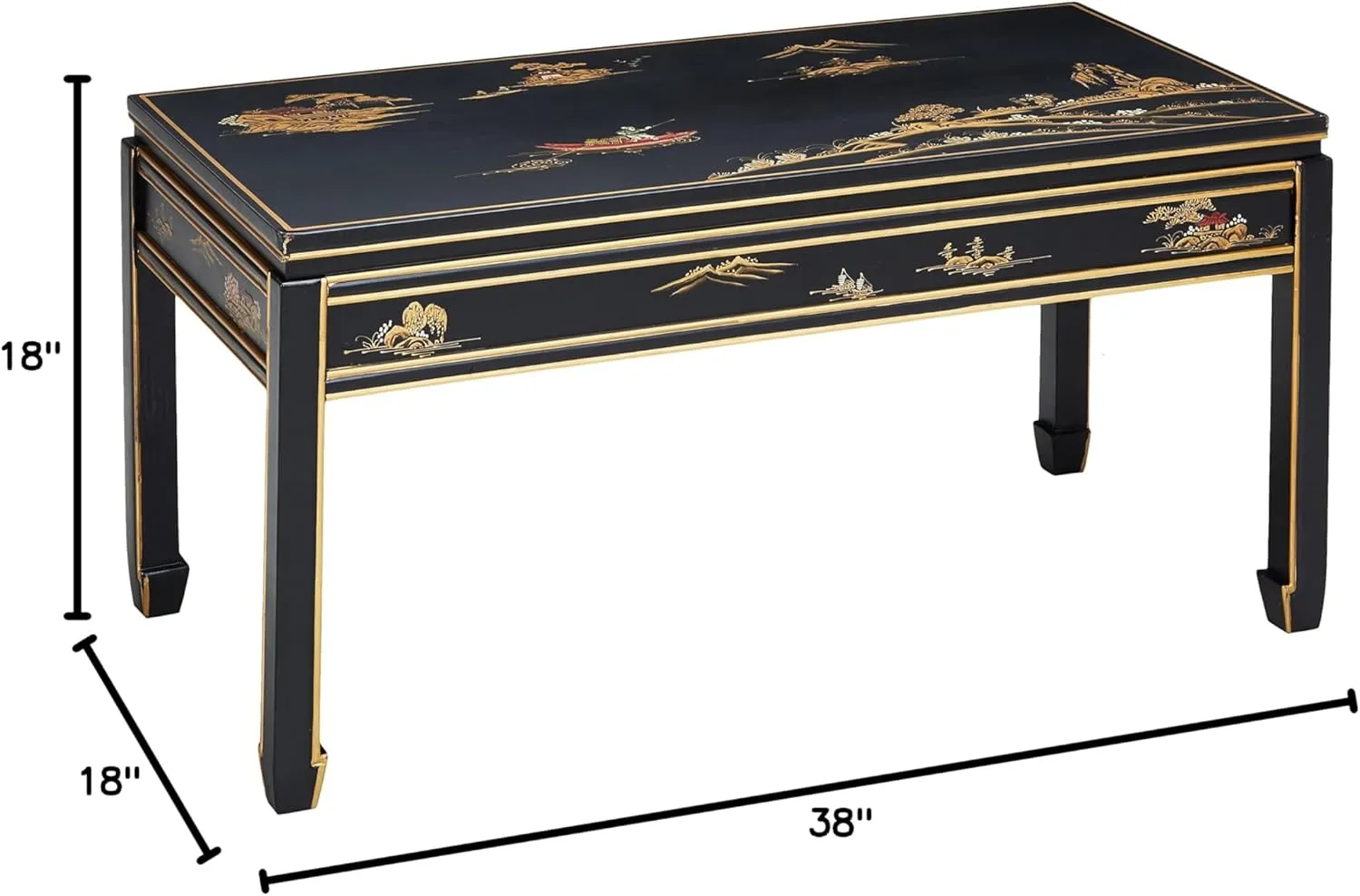 Red Lantern Artisan Crafted Lacquer Hand Painted Coffee Table, Black Landscape