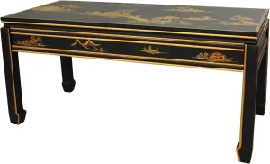 Red Lantern Artisan Crafted Lacquer Hand Painted Coffee Table, Black Landscape
