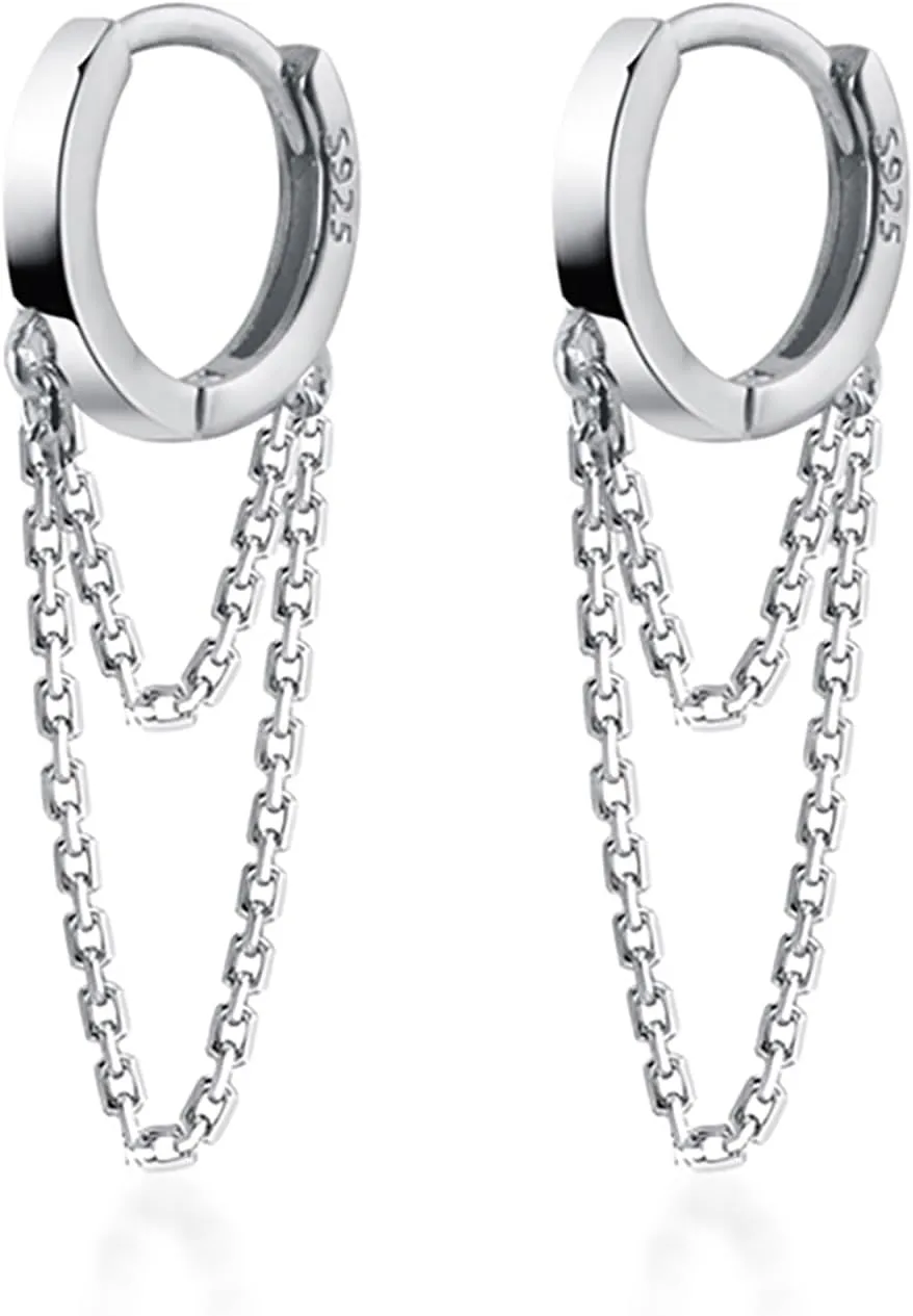 Reffeer Solid 925 Sterling Silver Tassel Chain Drop Dangle Small Hoop Earrings Huggie for Women Teen