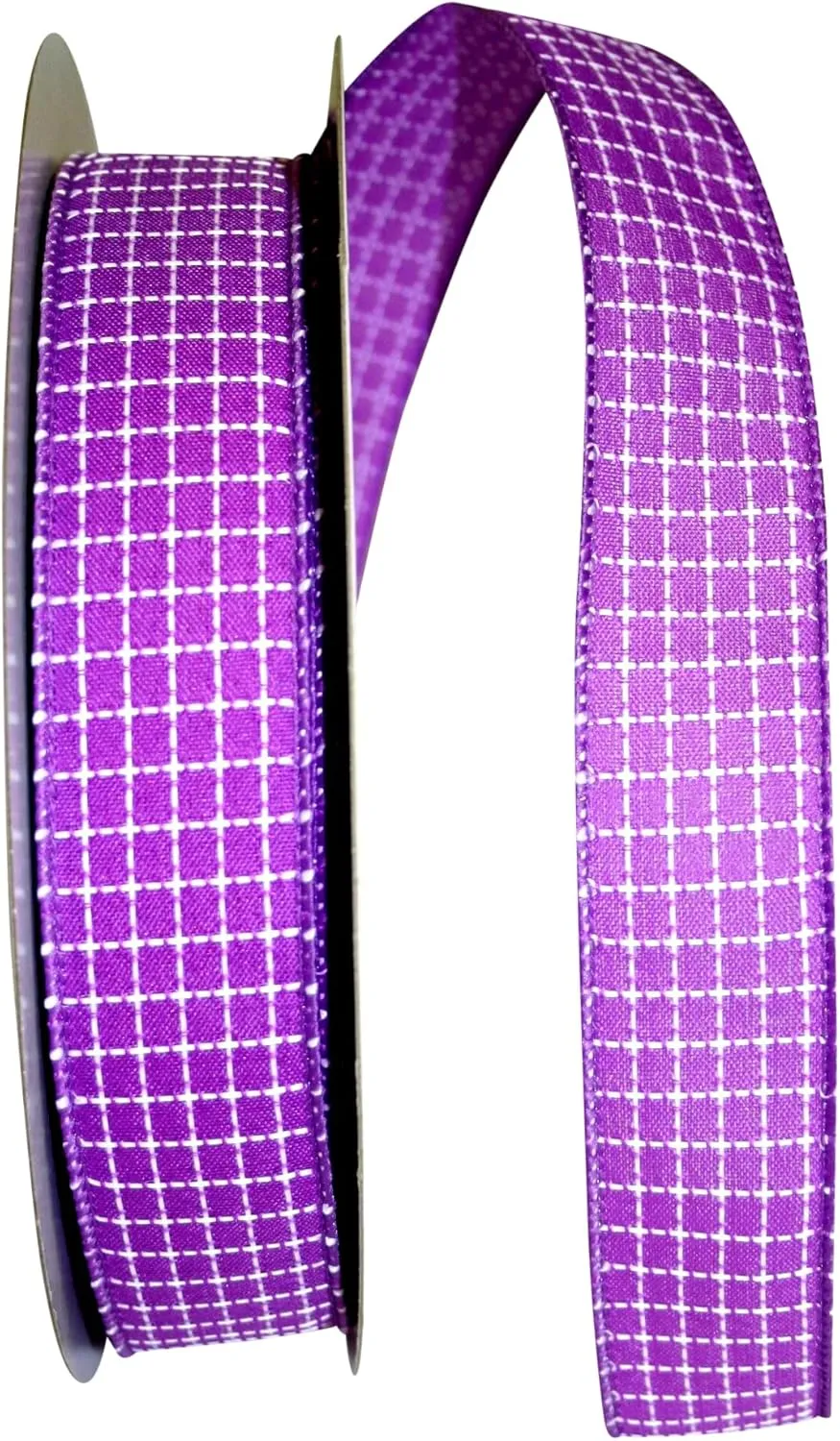Reliant Ribbon Saddle Stitch Check Linen Value Wired Edge Ribbon, 1-1/2 Inch X 50 Yards, Purple