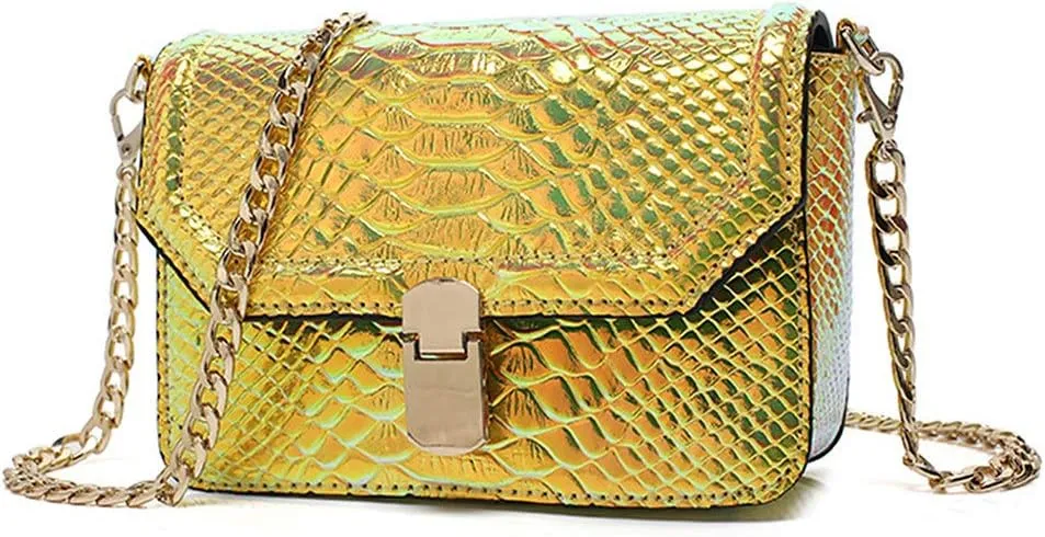 RemeeHi Hologram Snake Skin Leather Shoulder Bag Crossbody Bag with Chain