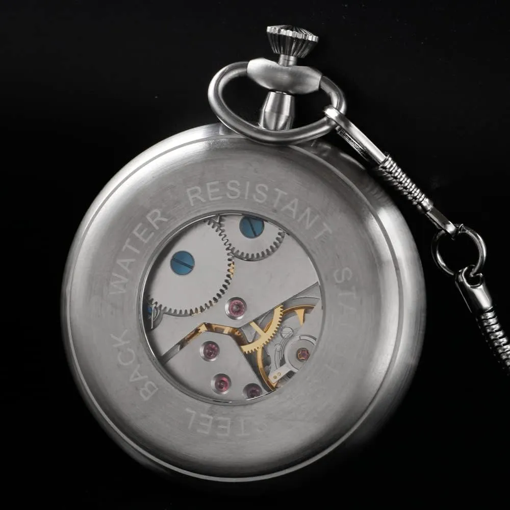 Resistance Full Steel Pocket Watch Mechanical Hand Wind Antique Clock Honed Stainless Original with Chain & Box