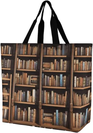 Reusable Grocery Bags Library Bookshelf Shopping Bag Lightweight Shoulder Bags Large Tote Bag for Travel Work Handbag