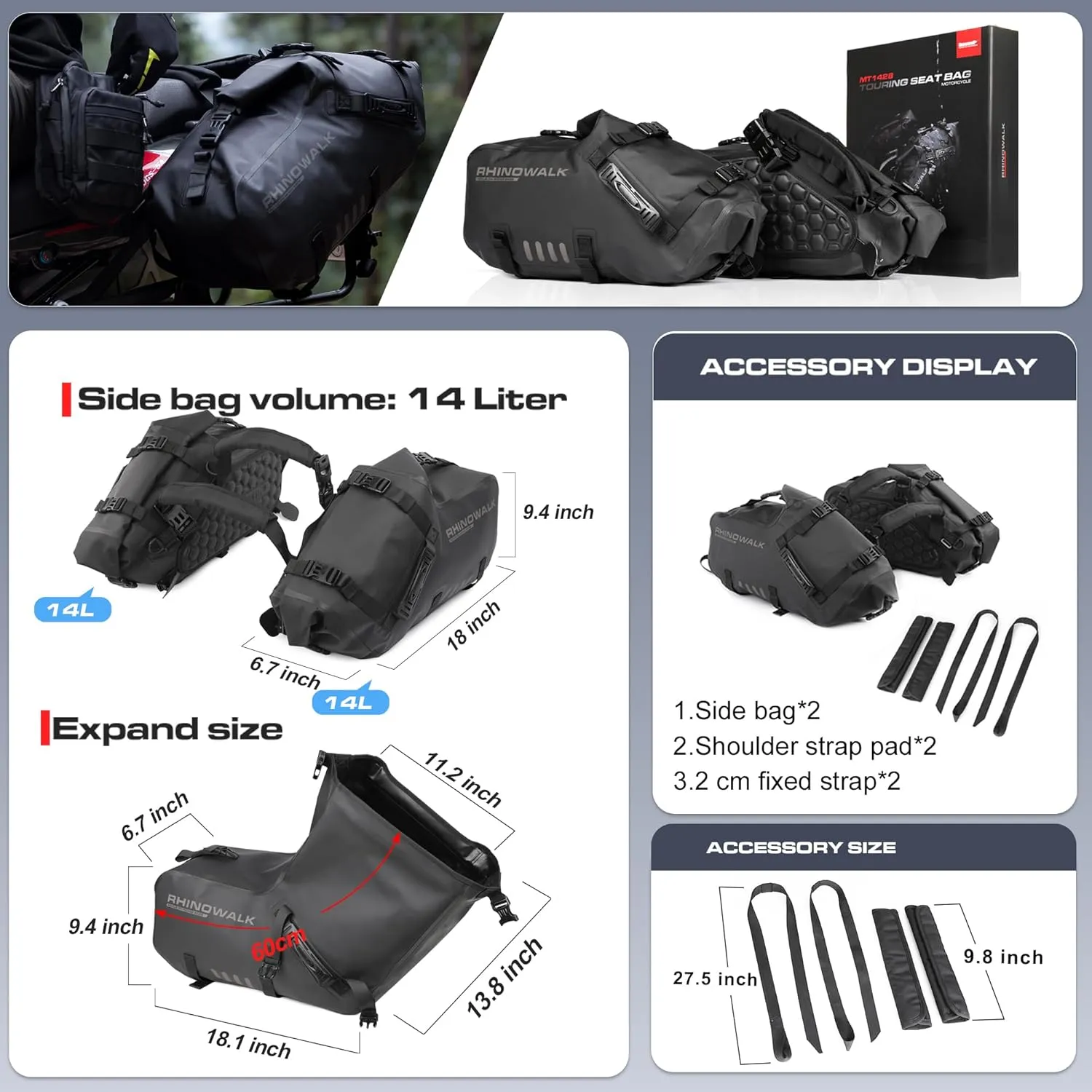 Rhinowalk Motorcycle Saddle Bags Waterproof Anti-Vibration Motor Side Bags Shoulder Bag Motorbike Panniers 48L(24L*2) for most Adventure and Sport Motorcycle Racks, 1 Pair