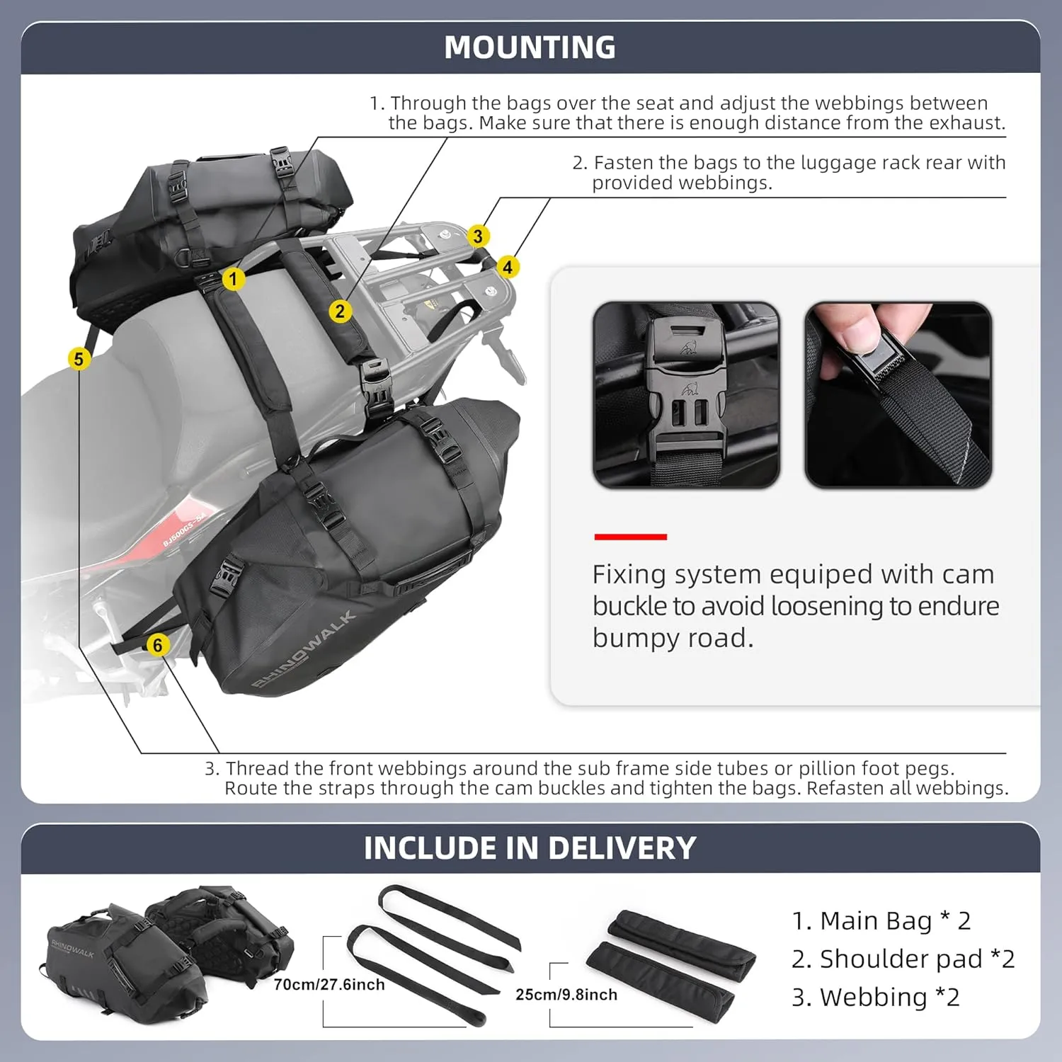 Rhinowalk Motorcycle Saddle Bags Waterproof Anti-Vibration Motor Side Bags Shoulder Bag Motorbike Panniers 48L(24L*2) for most Adventure and Sport Motorcycle Racks, 1 Pair