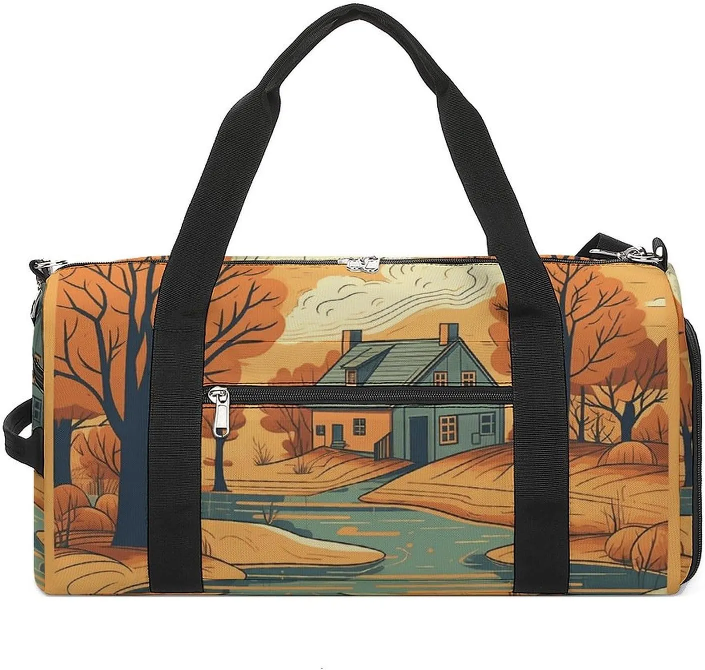 River in Front of House Barrel Gym Bags for Men And Women, Duffle Bag for Travel Sports Bag Camping Weekend Carry on Overnight Duffel Bag with Shoulder Strap