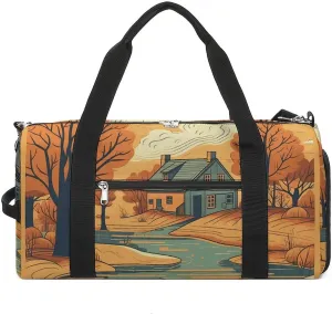 River in Front of House Barrel Gym Bags for Men And Women, Duffle Bag for Travel Sports Bag Camping Weekend Carry on Overnight Duffel Bag with Shoulder Strap