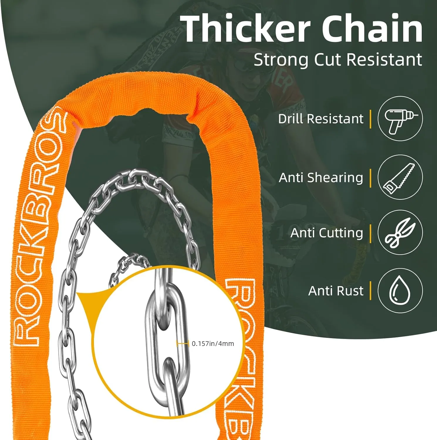 ROCKBROS Bike Chain Lock, Heavy Duty Anti Theft, 3 Ft Long, 5mm Thick Bicycle Lock with Key Set, Cut Proof for Door, Fence